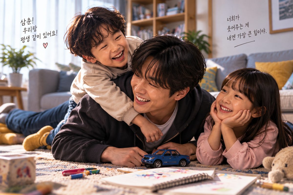 삼춘 3화 | 그날의 기억 소설 삼춘 3화 어린 진이와 환이가 삼촌 중원과 함께 즐겁게 놀던 과거 모습