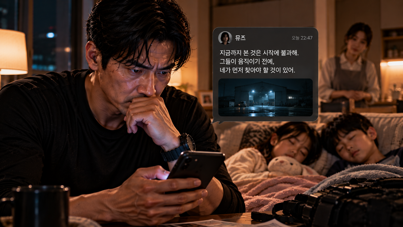 소설 삼춘 8화 뮤즈의 메시지를 확인한 중원의 표정이 다시 현장요원 ZERO의 얼굴로 변하는 장면