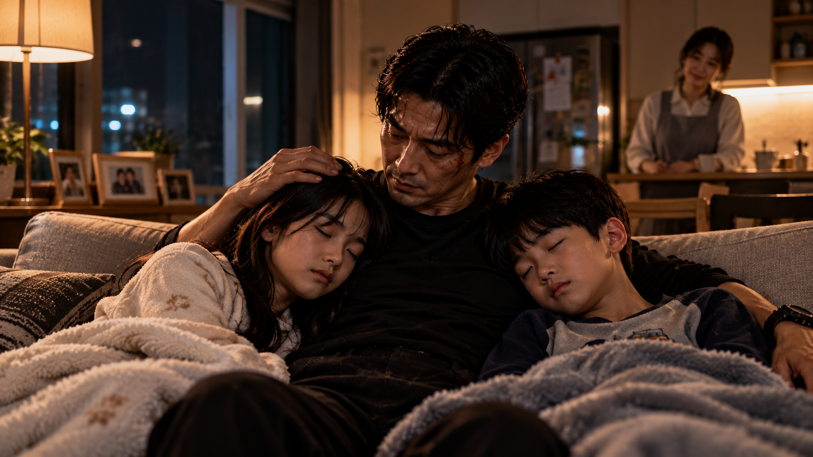 소설 삼춘 8화 늦은 밤 집에 돌아온 중원이 자신을 기다리던 진이와 환이와 함께 있는 따뜻한 가족 장면