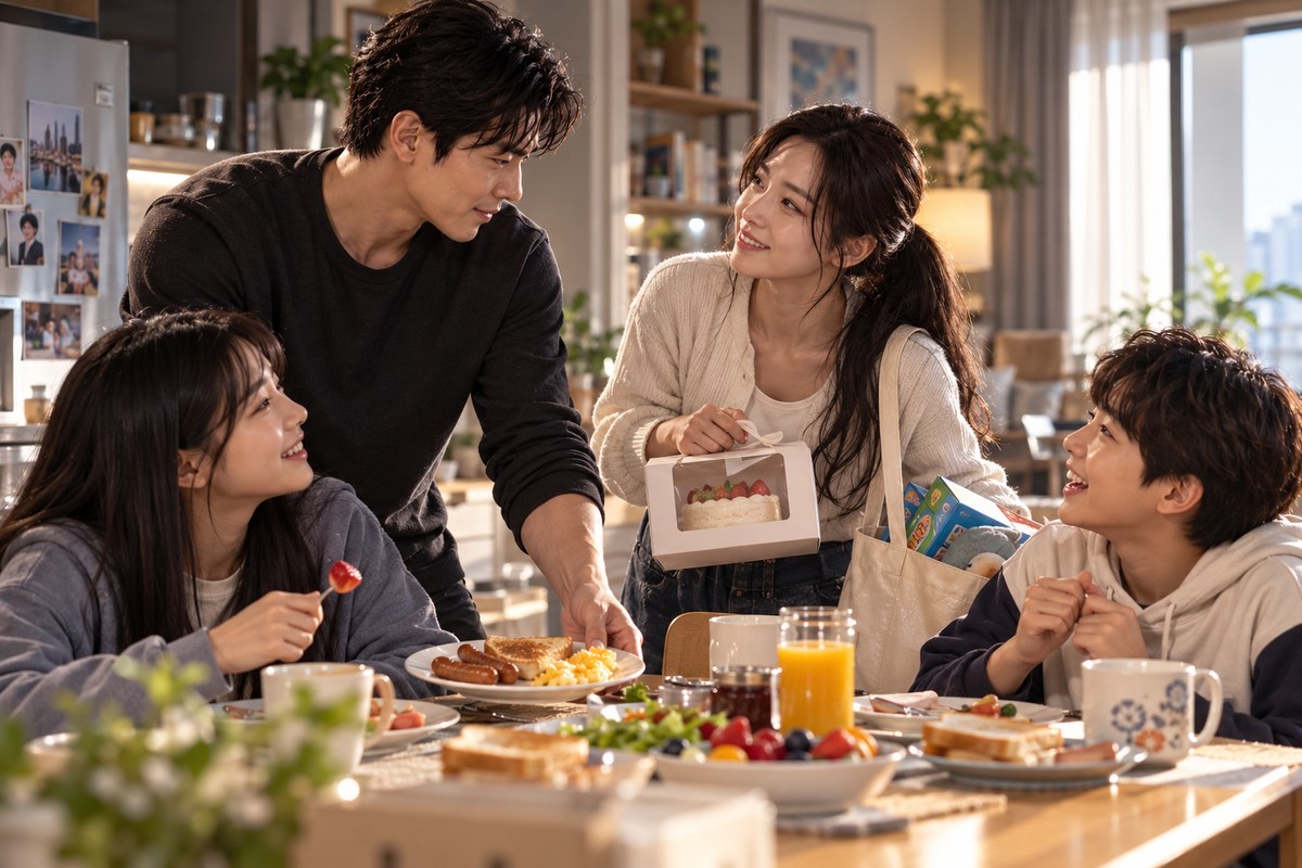 소설 삼춘 9화 중원과 진이 환이의 아침 식탁에 편한 옷차림의 뮤즈 명현이 찾아온 장면