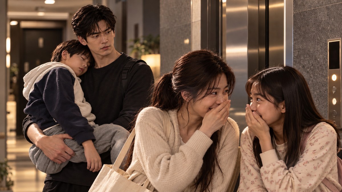 소설 삼춘 9화 엘리베이터 앞에서 중원이 잠든 환이를 안고 있고 진이와 뮤즈 명현이 비밀스럽게 대화하는 장면