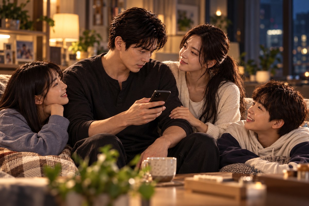 소설 삼춘 9화 평범한 하루를 보낸 뒤 집에서 휴대전화를 확인하는 중원과 그를 바라보는 명현 진이 환이의 장면