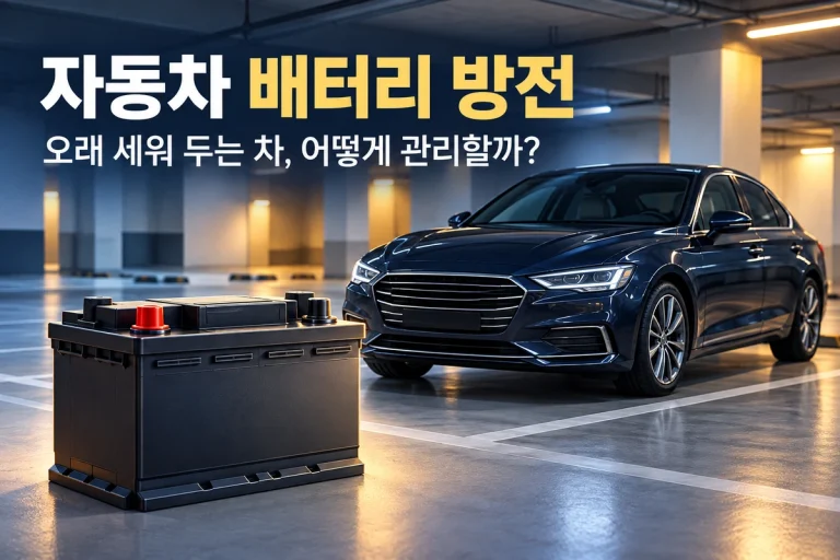 자동차 배터리 방전 예방과 장기 주차 관리를 설명하는 주차된 승용차와 배터리 이미지